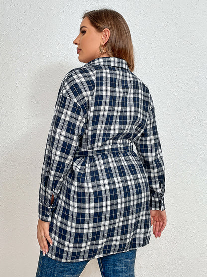 Plus Size Plaid Collared Neck Tie Waist Shirt